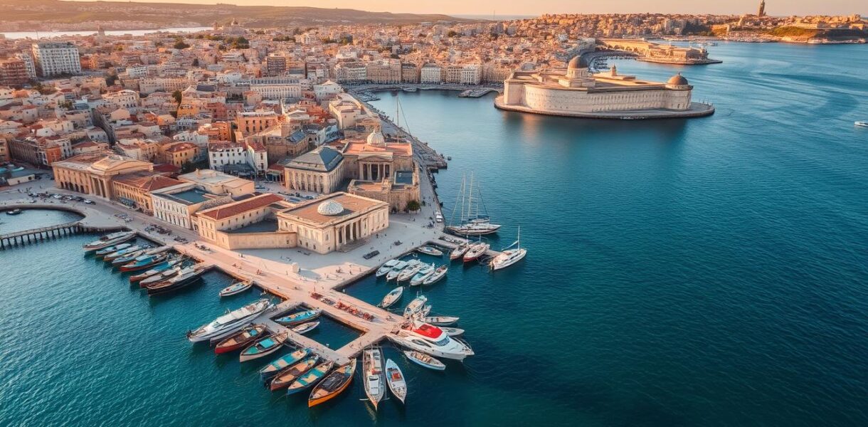 Blick auf den malerischen Hafen von Valletta, Malta mit historischen Gebäuden und bunten Fischerbooten