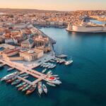 Blick auf den malerischen Hafen von Valletta, Malta mit historischen Gebäuden und bunten Fischerbooten