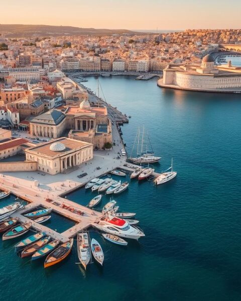 Blick auf den malerischen Hafen von Valletta, Malta mit historischen Gebäuden und bunten Fischerbooten