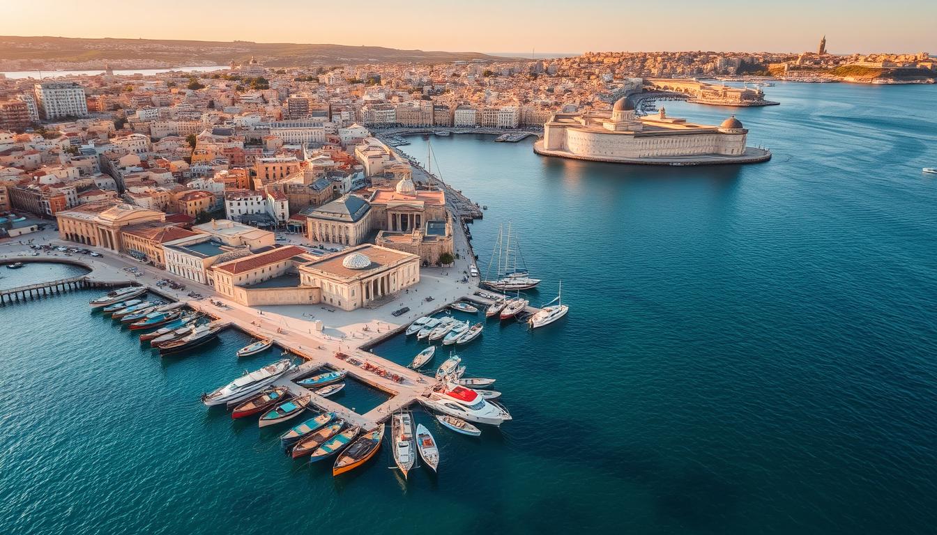 Blick auf den malerischen Hafen von Valletta, Malta mit historischen Gebäuden und bunten Fischerbooten