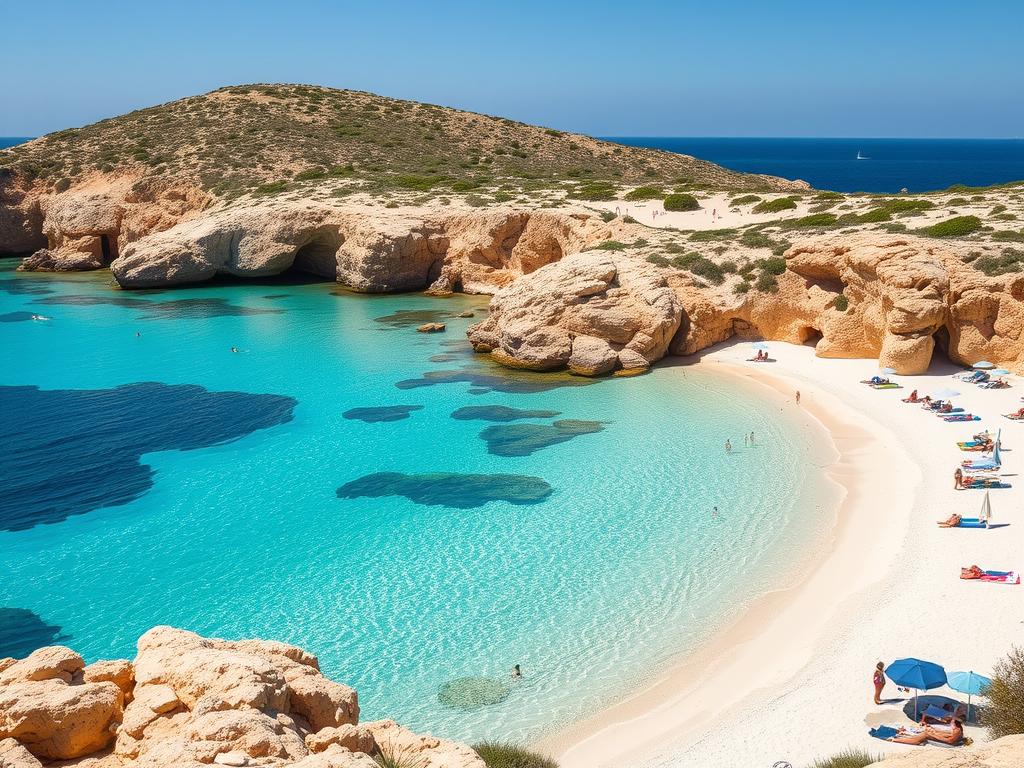 Der-traumhafte-Strand-Cala-Comte-mit-tuerkisblauem-Wasser-und-feinem-Sand Top 10 Mittelmeerinseln für deinen Urlaub