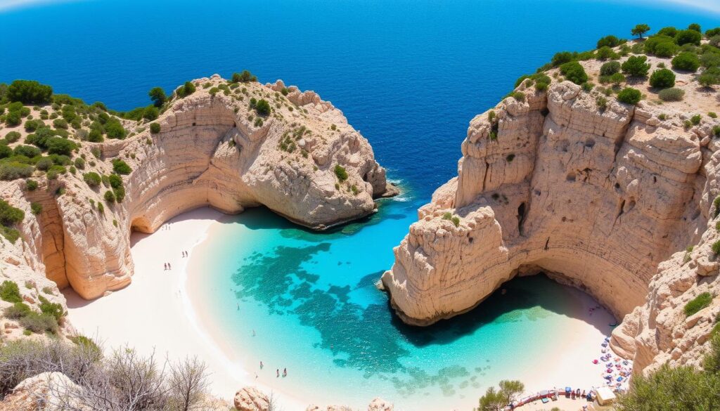 Traumhafte-Bucht-auf-Mallorca-mit-tuerkisblauem-Wasser-und-weissem-Sandstrand-umgeben-von-1024x585 Top 10 Mittelmeerinseln für deinen Urlaub