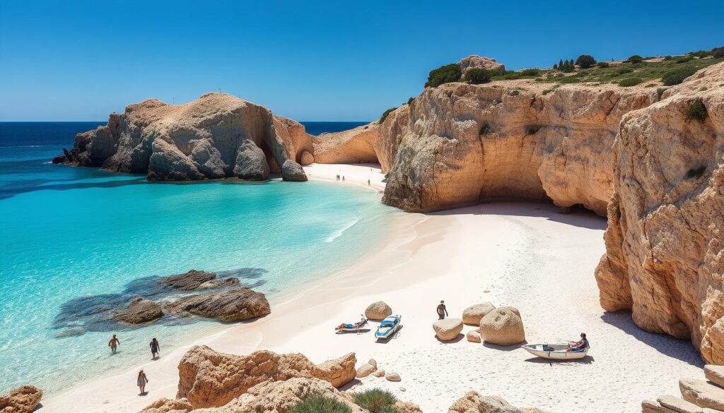 Traumhafter-Strand-in-Sardinien-mit-tuerkisblauem-Wasser-und-weissem-Sand-umgeben-von-Felsen-1024x585 Top 10 Mittelmeerinseln für deinen Urlaub